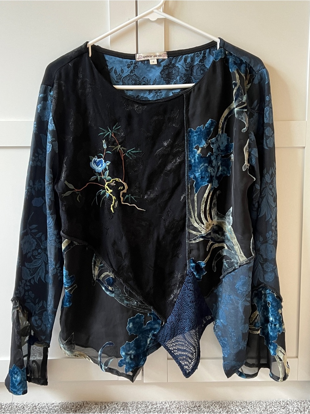 Blue Black Spencer Alexis Embroidered Top Whimsigoth Bell Sleeves